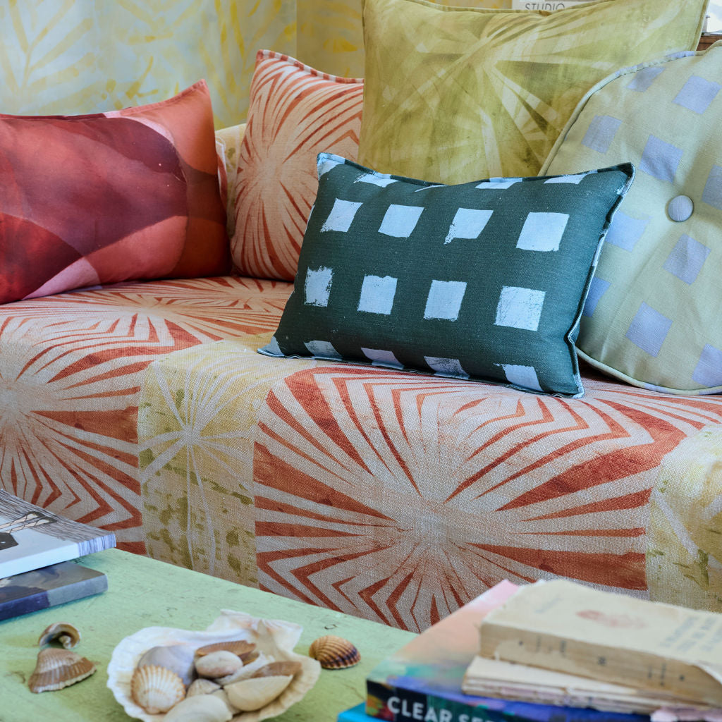 Modernity (Preppy) lumbar, Modernity (Sachet) round and Palmetto pillows on a sofa, detail