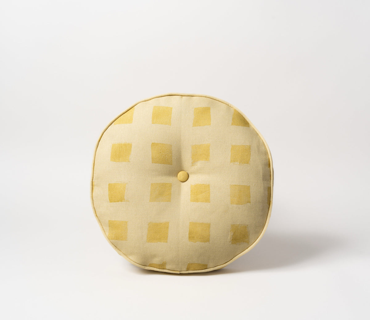 Modernity (Rubber Duck) pillow, 14 inch round with self welt and covered button, Teresa Roche Textiles